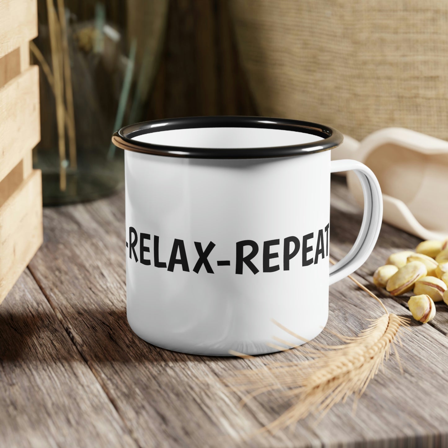 "Sip-Read-Relax-Repeat" Enamel Cup