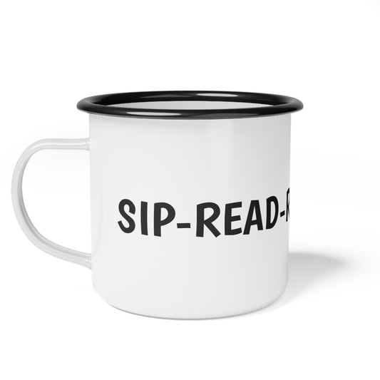 "Sip-Read-Relax-Repeat" Enamel Cup